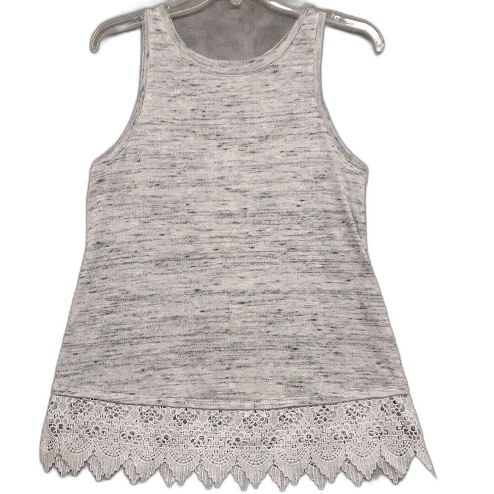 Maurices Women Sz S Marled Gray Tank Top X Lace Up Back White Lace Trim Coquette